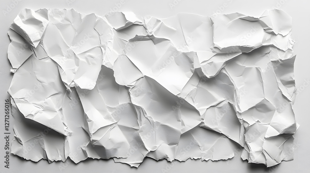 Poster a wrinkled piece of white paper with a textured surface, showcasing creases and folds, creating a vi