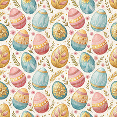 Seamless Easter egg and floral pattern in pastel colors.