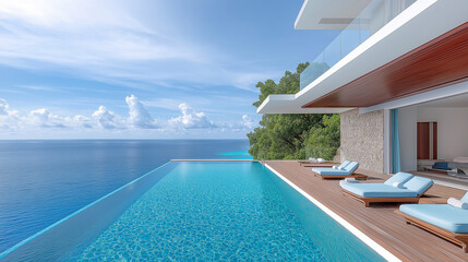Fototapeta premium A modern infinity pool perched on a cliffside, offering panoramic views of the turquoise ocean,surrounded by a sun deck furnished with comfortable loungers, inviting guests to relax and soak up the su