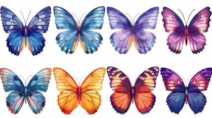 Butterfly illustration set with blue, purple, and orange tones, detailed wings on a clean white background