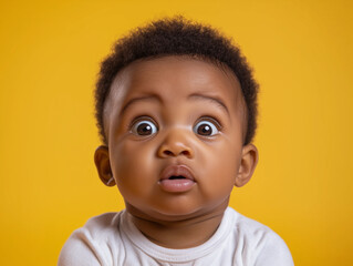 studio portrait of worried young black child isolated on yellow background