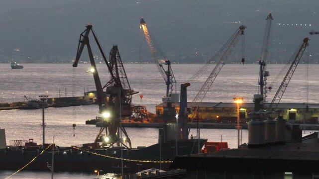 Drone footage of Rijeka&rsquo;s 3. Maj shipyard at night, featuring massive cranes and industrial structures illuminated against the dark sky. A glimpse into the city&rsquo;s maritime and shipbuilding heritage.