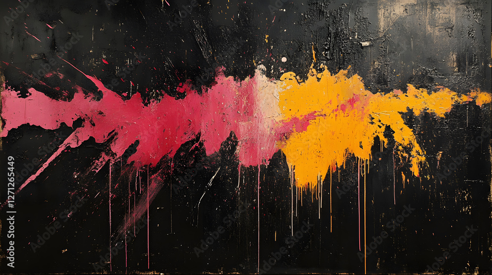 Poster a bold abstract artwork featuring vibrant splashes of pink, yellow, and orange against a dark backgr