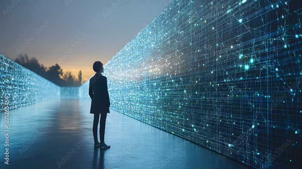Poster a person stands in awe before a dazzling digital landscape filled with glowing data streams and vibr