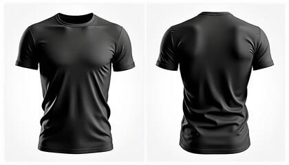 Mockup blank black t-shirt template. Front, back views for design presentation. Male casual attire, short sleeve. Unisex garment apparel for advertising, branding. Cotton clothes wear, empty