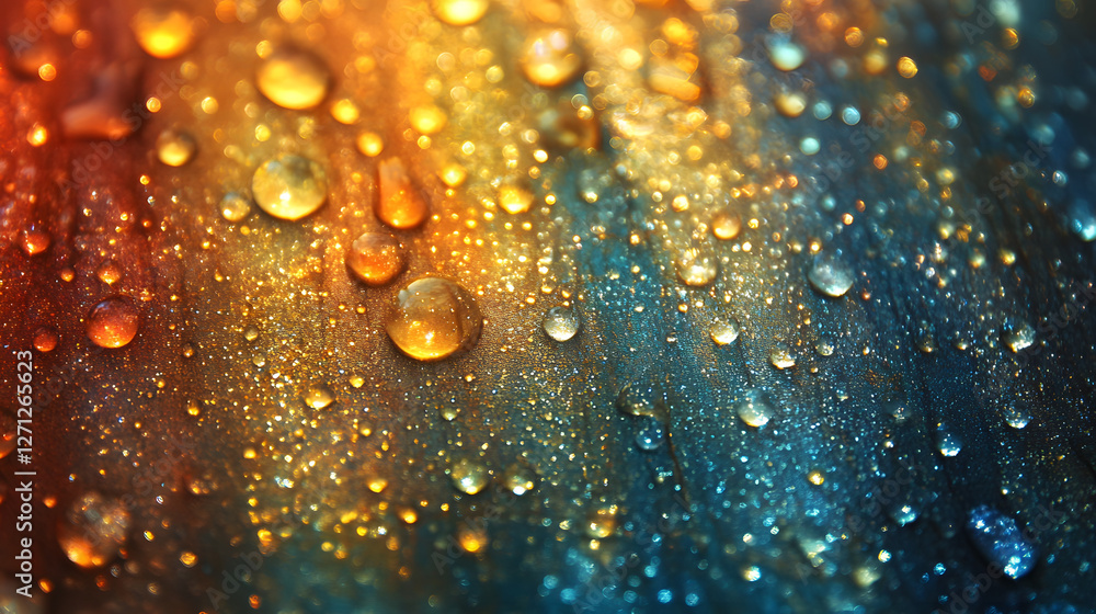 Poster a vibrant close-up of colorful water droplets on a surface, showcasing a blend of orange and blue hu