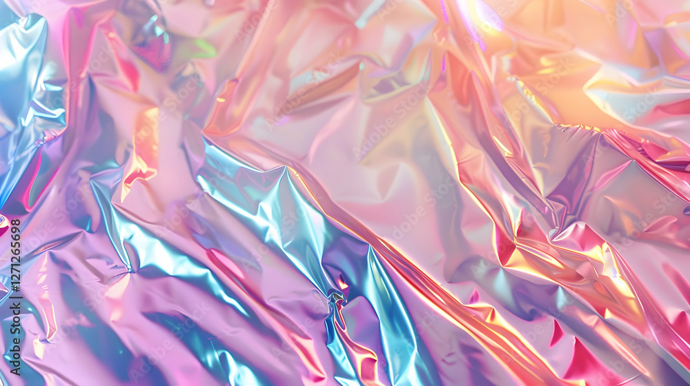 Poster iridescent crumpled foil background with vibrant colors and soft lighting, creating a dreamy effect