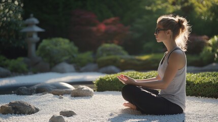 Myopia prevention with a woman wearing glasses meditating in a park. Wellness, mindfulness, and eye protection