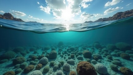 Obraz premium Underwater view of scuba divers exploring a coral reef affected by bleaching 