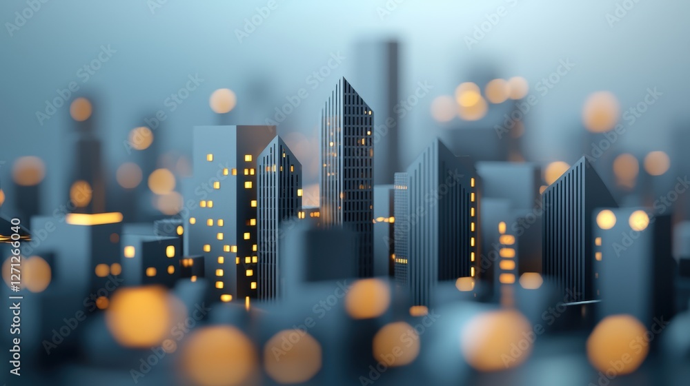 Poster a 3d rendering of a futuristic cityscape, with buildings and structures composed of glowing triangul