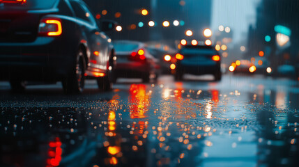 Obraz premium A side-view of traffic congestion with reflections of city lights on wet pavement, moody and cinematic, soft rain droplets