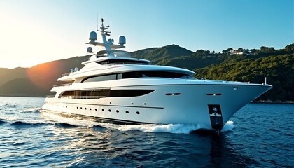 a large white yacht is sailing through the water with green mountains in the background during sunset.