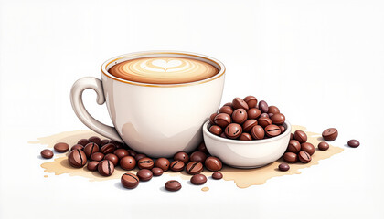 Obraz premium international coffee day Ceramic espresso cup with crema and coffee beans, indulgence
