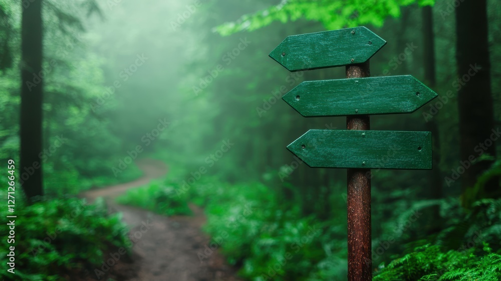 Poster a directional signpost in a forest, with triangular arrows pointing towards different trails and des