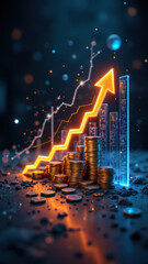 Image features a digital visualization with upward trending graphs and an abundance of coins, symbolizing financial growth or profit.