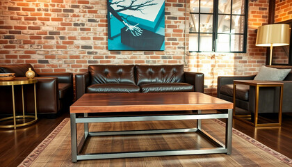 Cozy living room with leather sofas, a wooden coffee table, brick wall accents, and modern decor, radiating a contemporary yet inviting ambiance, perfect for relaxation or conversation in a stylish se
