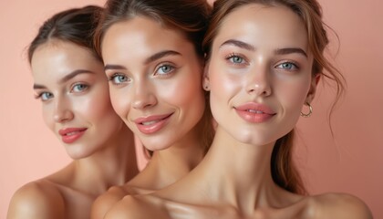 Three young women showing perfect skin after facial beauty treatment. Plump lips, fresh, clean face, smooth skin. Cosmetic cosmetology procedure, rejuvenation injection, filler, collagen, botox,