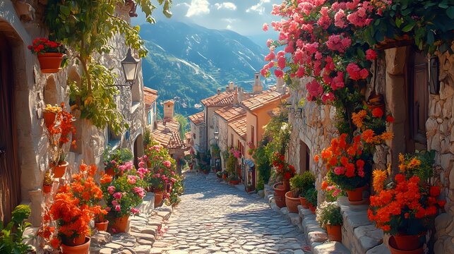 narrow cobblestone road in an ancient european vil bfbcfdfe AI generated illustration