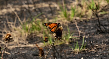 Obraz premium Monarch Butterfly Resting on Dried Flower in Natural Habitat