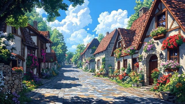 narrow cobblestone road in an ancient european vil bfbcfdfe AI generated illustration