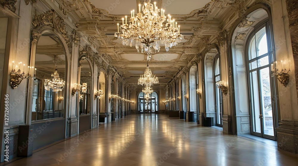 Aufkleber grand and elegant hallway with sparkling chandeliers and decorative mirrors : generative ai