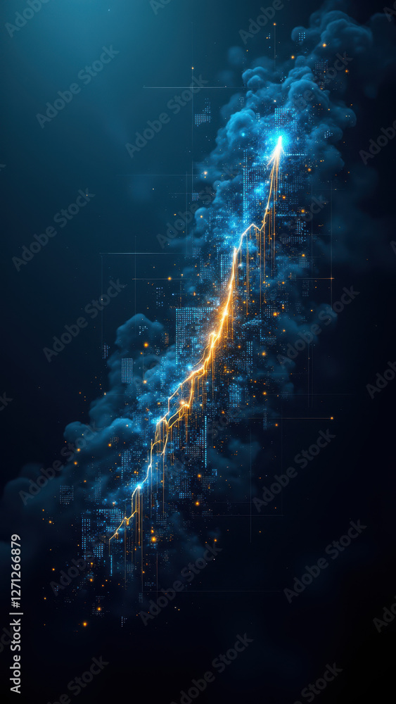 Poster a dynamic digital art illustration of a rising graph with an abstract background, symbolizing financ