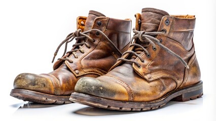Worn Leather Boots on White Background