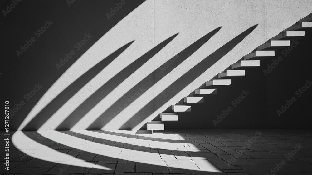 Poster a black and white photograph of a staircase, with the steps creating a repeating pattern of light an