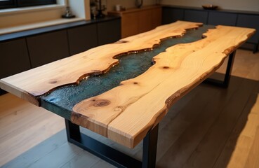 Wooden table with epoxy resin river inlay. Wood slab with clear turquoise epoxy accentuates raw edge. Modern furniture design, unique table art for luxury home interior, dining room or office.