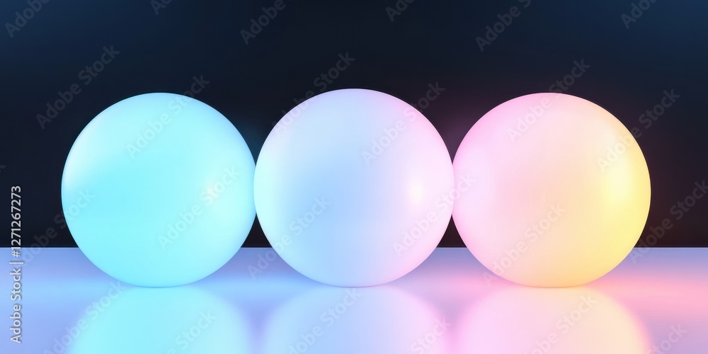 Poster vibrant spheres in gradient light creating visual harmony on reflective surface
