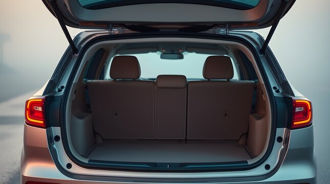 Open rear liftgate revealing the spacious and empty cargo area inside a modern sport utility vehicle
