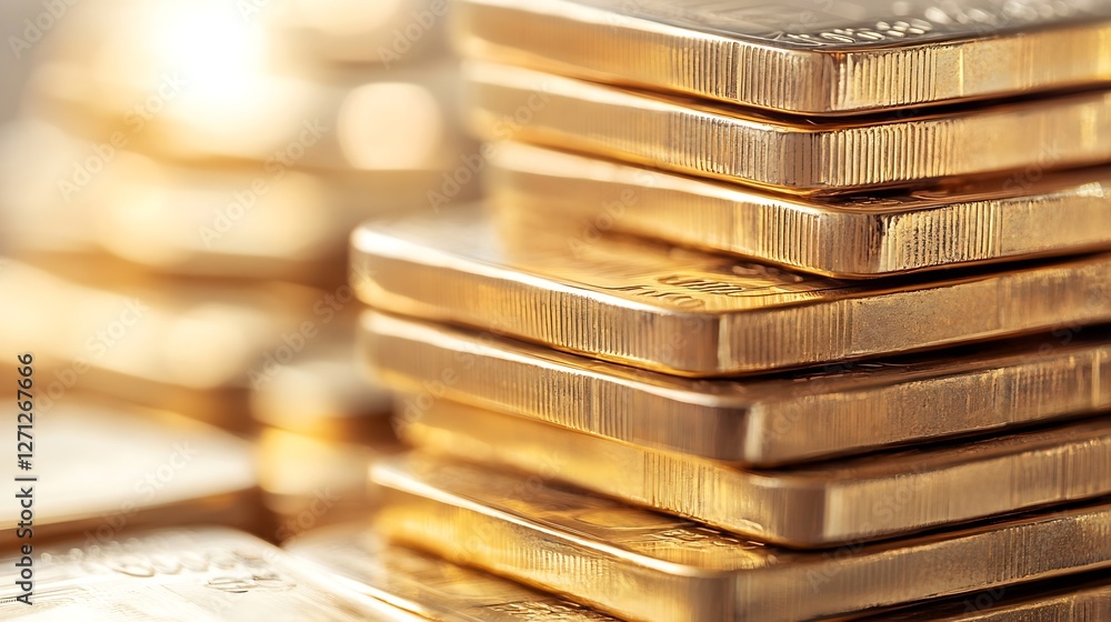 Aufkleber Close up of shiny gold bars stacked perfectly creating a luxurious and opulent background : Generative AI