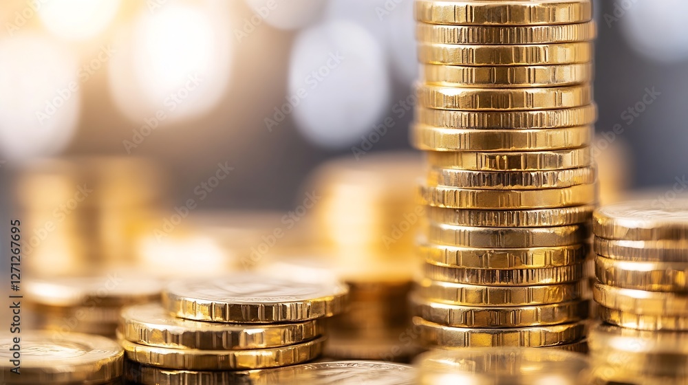 Poster a dazzling display of gold coins and stacks glistening in an elegant arrangement on a soft backgroun