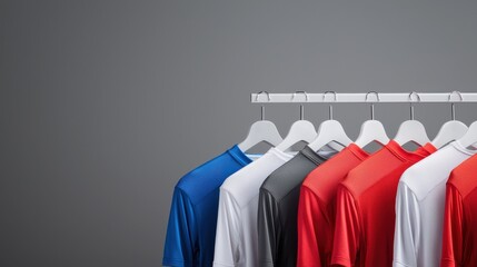 Sports Apparel Concept, Colorful sports shirts displayed on hangers against a gray background, showcasing various designs and colors for athletic apparel.