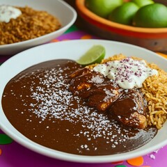 Savoring traditional mole dish with rice and lime mexican cuisine food photography vibrant setting close-up view culinary delight