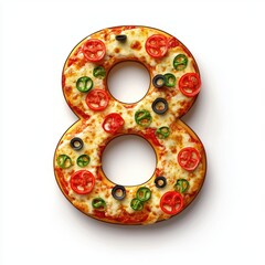 Number 8 formed from pizza slices with melted cheese and vibrant toppings on a white background for 8 March International Womens Day