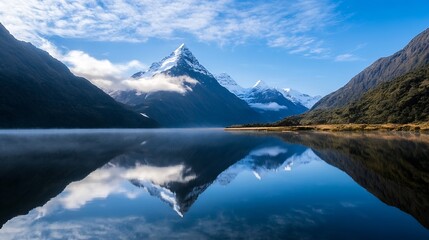 Fototapeta premium Breathtaking Mountain View Reflected in Calm Lake with Clear Blue Sky : Generative AI