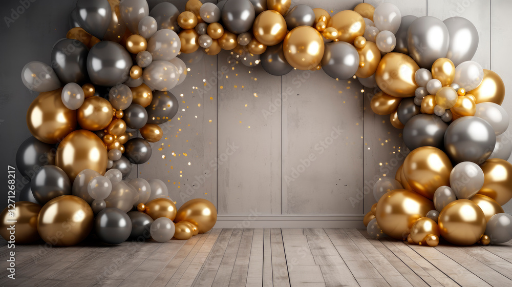 Poster stylish shiny balloons forming arch in empty room banner background copy space. luxury event image b