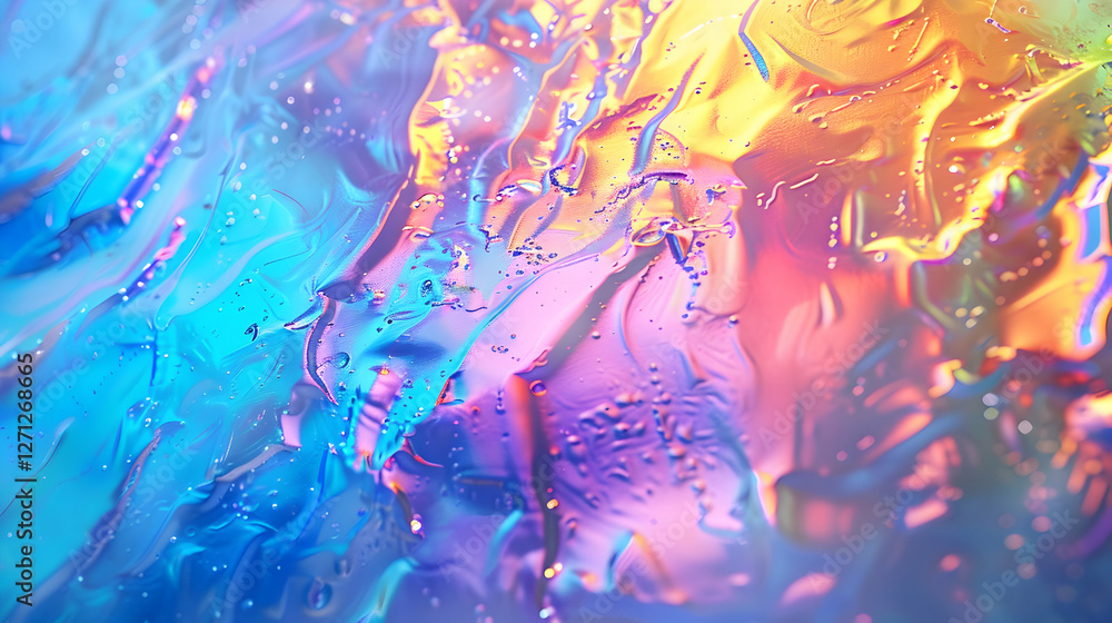 Poster vibrant abstract texture with colorful reflections and water droplets, creating a dynamic visual eff