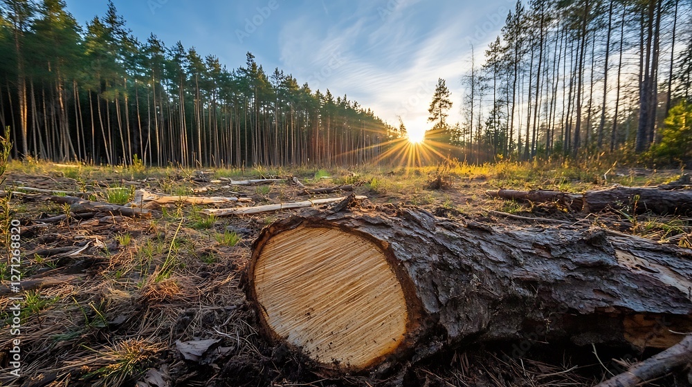 Poster beautiful sunset shining through trees in a forest showcasing a freshly cut tree stump : generative 