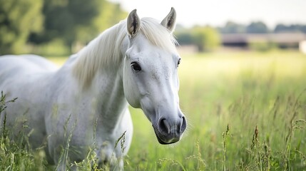 Obraz premium Majestic white horse standing gracefully in a lush green field under a clear blue sky : Generative AI