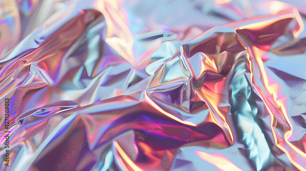 Aufkleber iridescent crumpled foil texture displaying vibrant colors and reflections in soft lighting