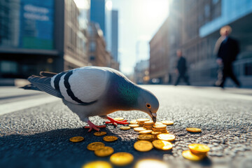 A bird pecks gold coins on the business street of the business center, the concept of big money on the stock exchange at brokers