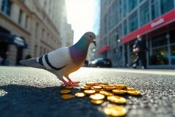 A bird pecks gold coins on the business street of the business center, the concept of big money on the stock exchange at brokers