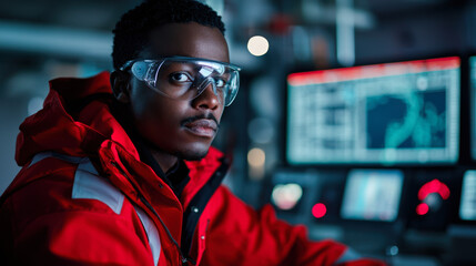 Engineer wearing safety gear, focused on control panel in industrial setting
