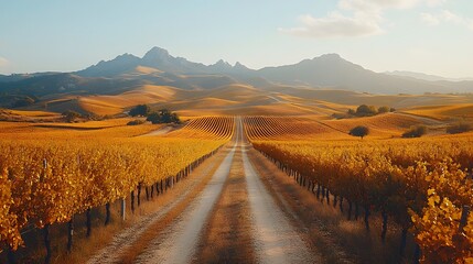 Obraz premium road winding through golden vineyards in autumn wi acfbadefe AI generated illustration