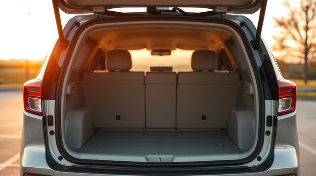 Rear view of a modern gray SUV with its spacious empty trunk lid wide open, perfectly ready for an exciting road trip adventure.