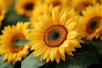 Naklejka premium Close-up of vibrant sunflowers in full bloom, showcasing their intricate details and lush green leaves