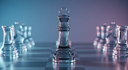 A transparent chessboard with a king piece in sharp focus, symbolizing strategic thinking and planning