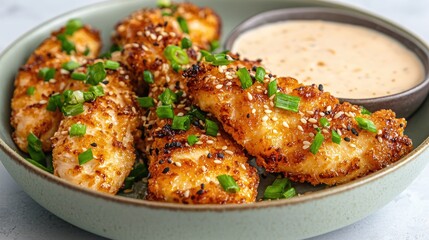 Crispy Sesame Chicken Tenders with Sauce on a Plate